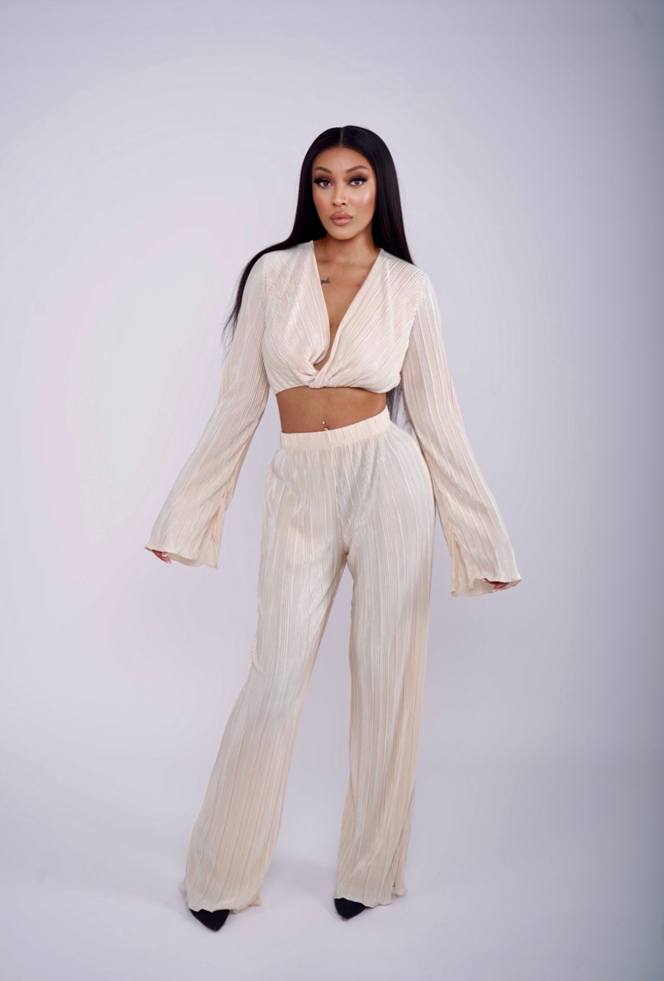 Elegant and Comfortable Pleated Twist Front Two-Piece Set