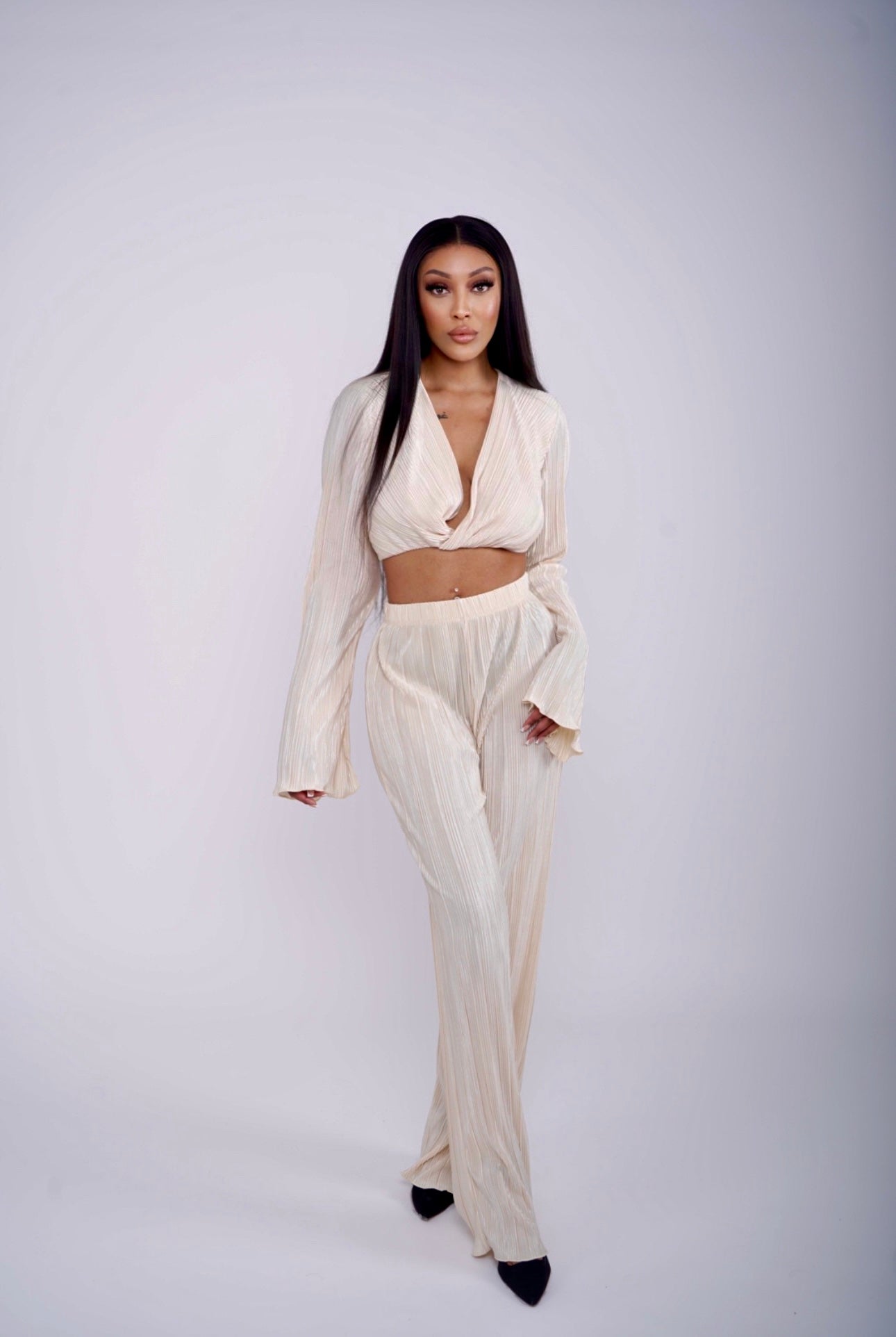 Elegant and Comfortable Pleated Twist Front Two-Piece Set