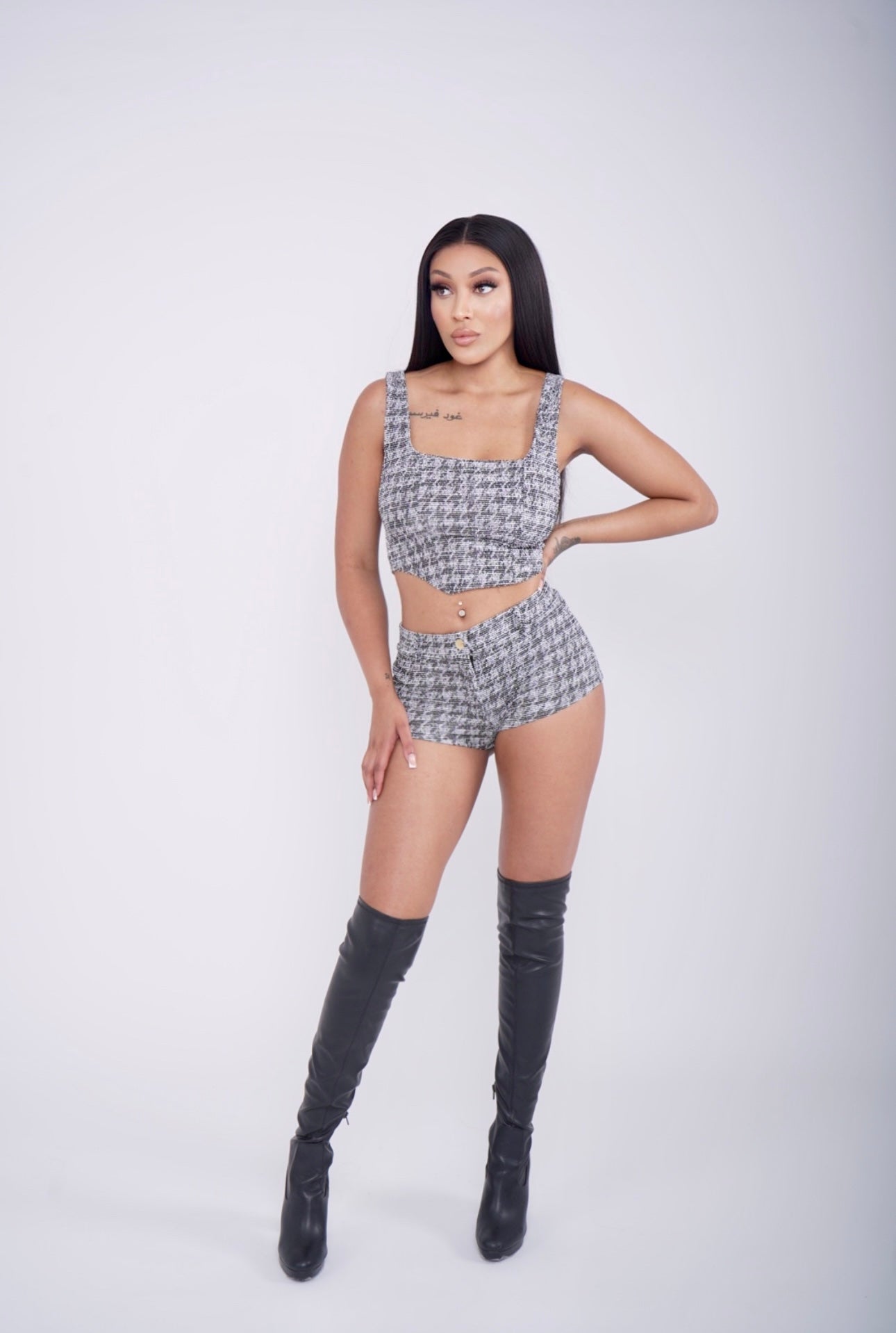 Sleek and Structured Houndstooth Two-Piece Short Set