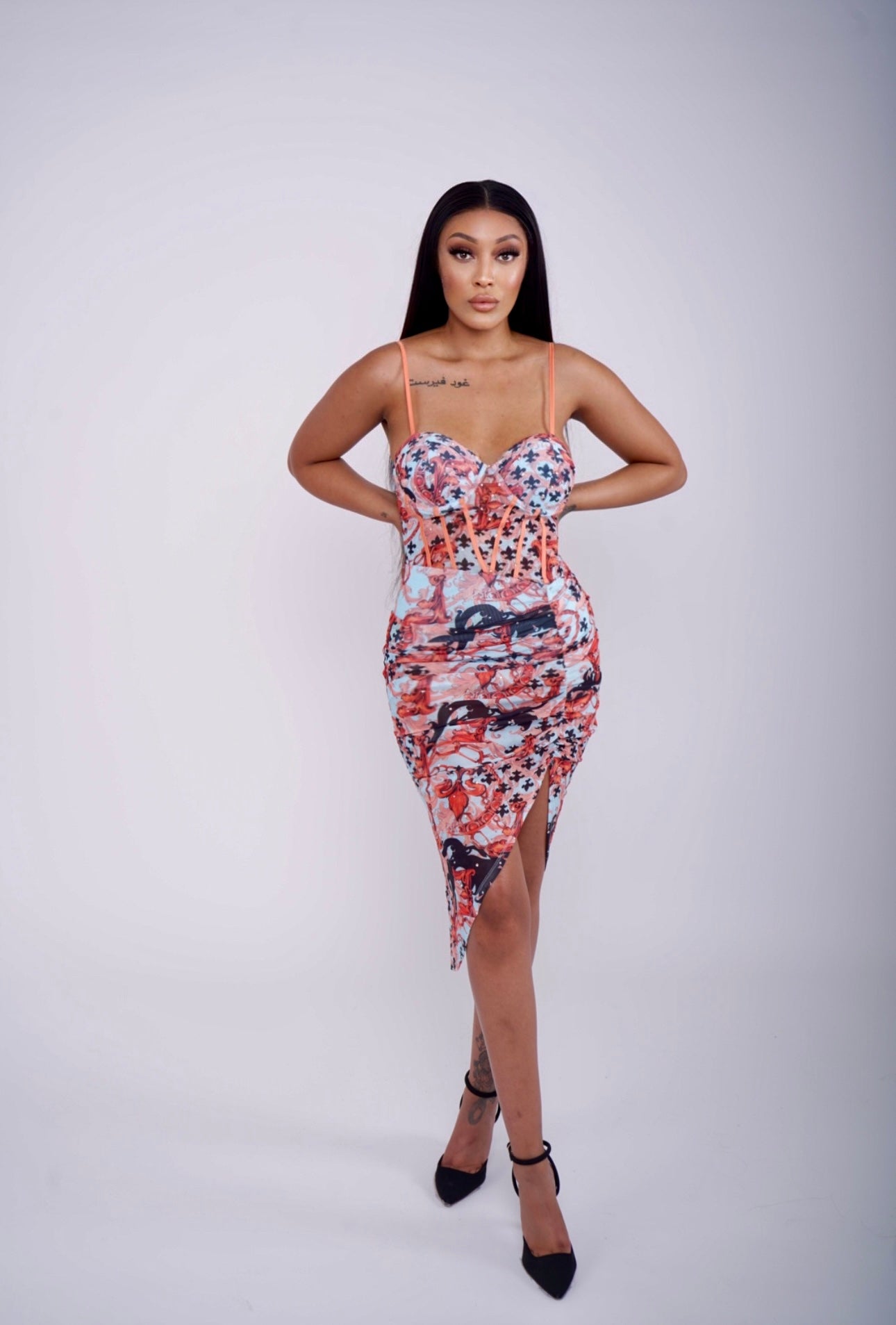 Bold and Beautiful Fleur de Lis Abstract Mesh Corset Midi Dress