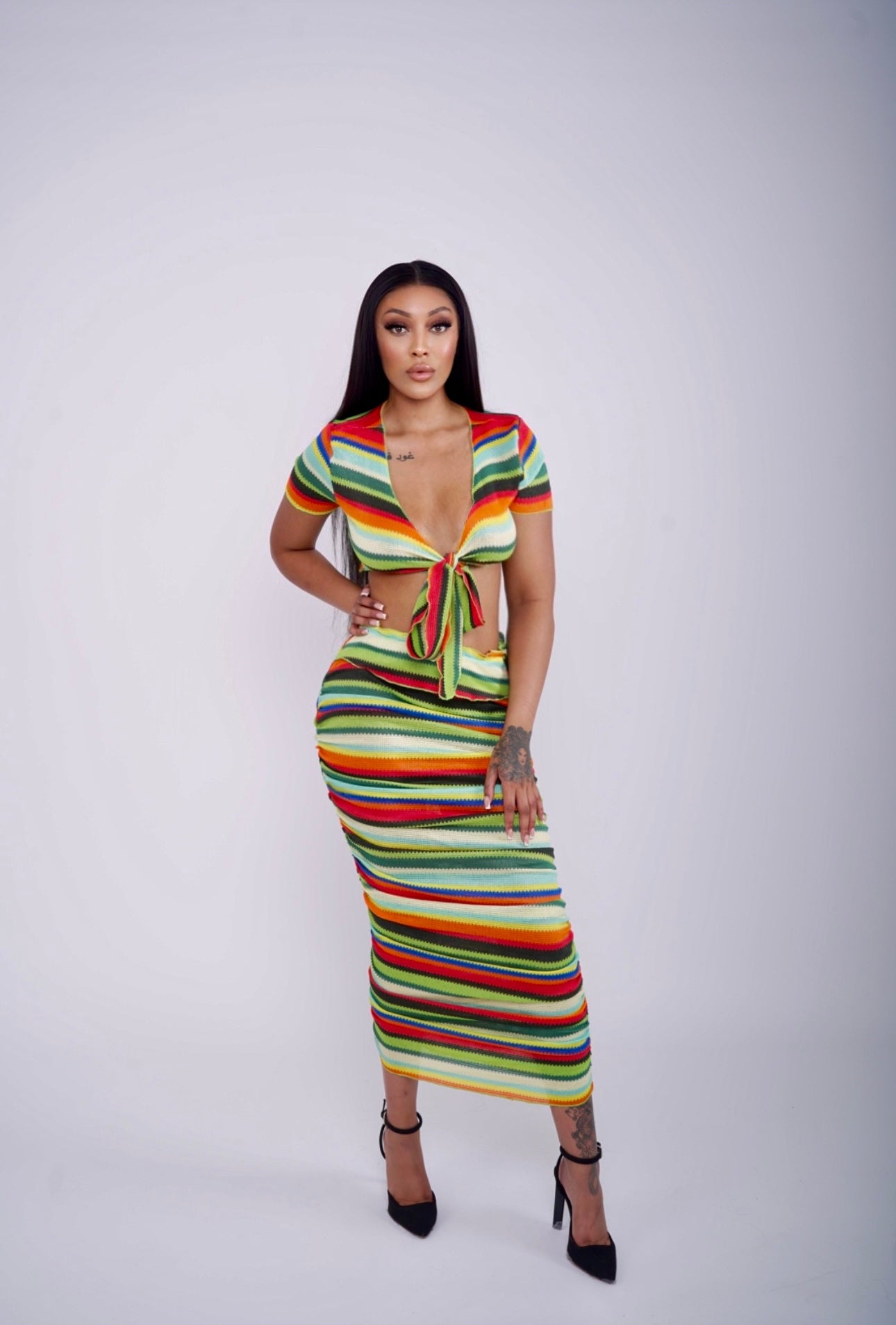 Vibrant and Playful Striped Tie-Front Two-Piece Skirt Set