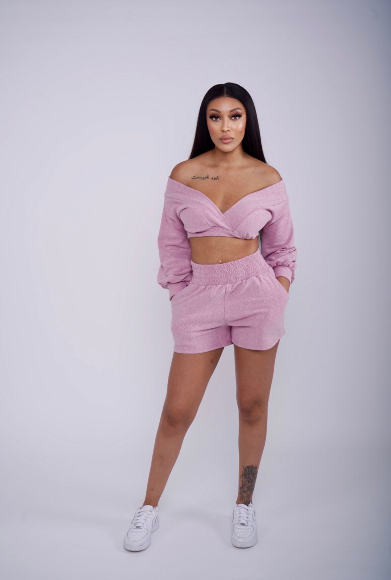 Cozy and Stylish Off-Shoulder Long Sleeve Two-Piece Short Set