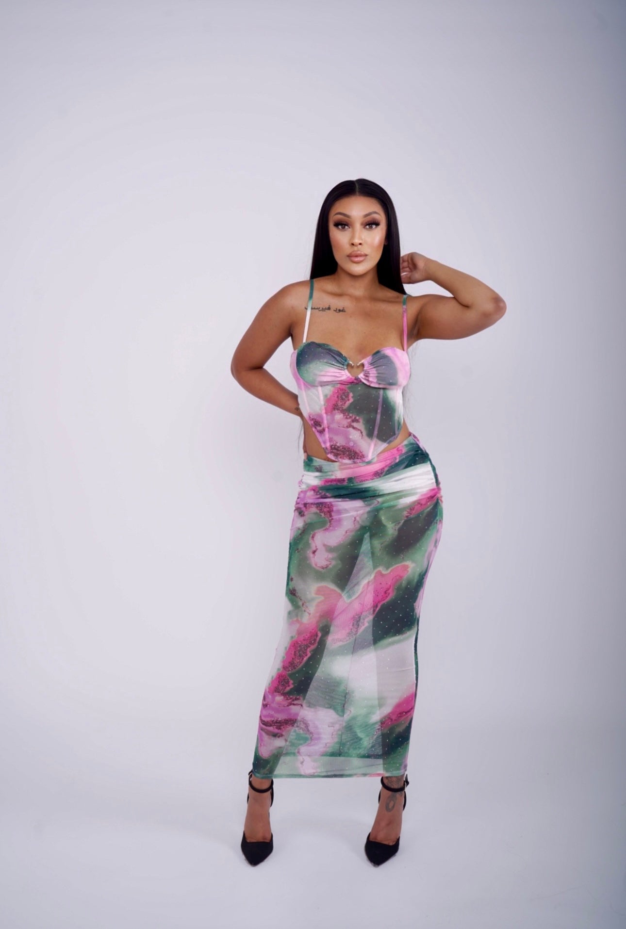 Elegant and Dreamy Marble Mesh Two-Piece Skirt Set