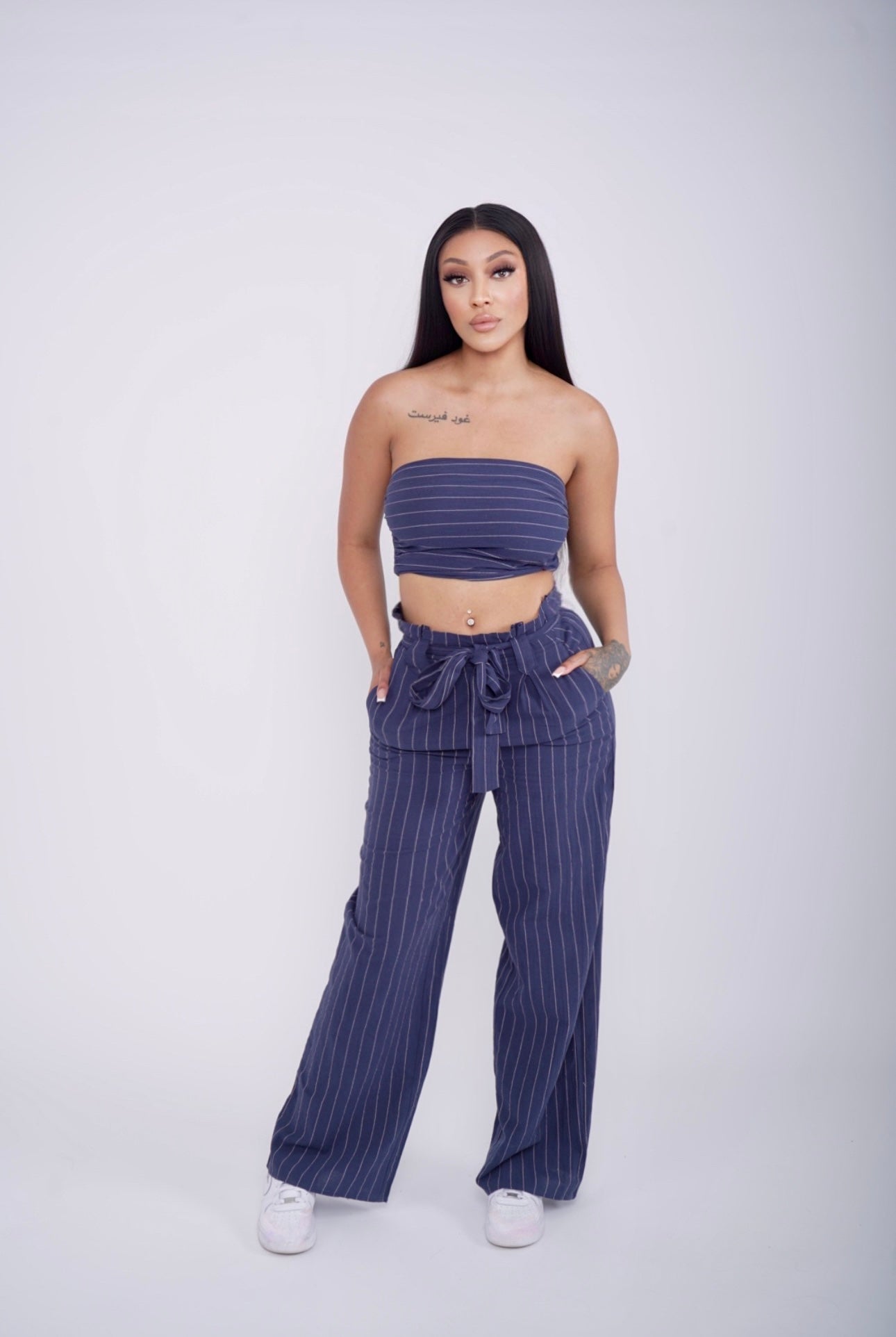 Sleek and Stylish Pinstripe Bandeau Two-Piece Set