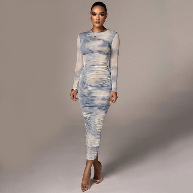 Ruched Tie Dye Bodycon Dress