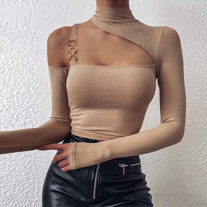 Off Shoulder Long Sleeve Turtleneck Top