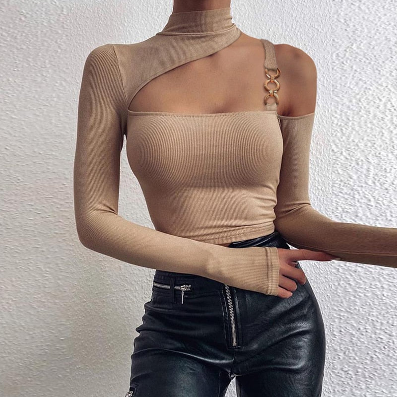 Off Shoulder Long Sleeve Turtleneck Top