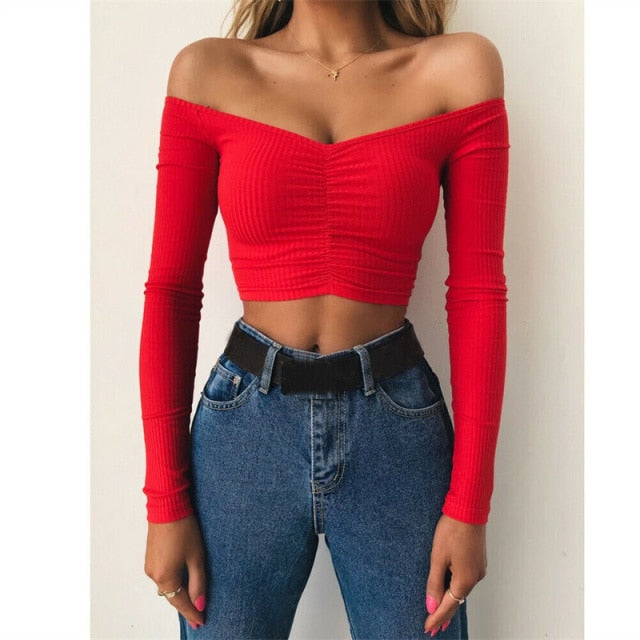 Long Sleeve Off Shoulder Crop Top