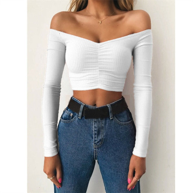 Long Sleeve Off Shoulder Crop Top